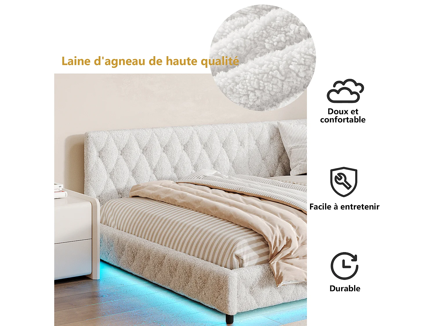 Canapé-lit capitonné 140x200cm avec bande LED et fonction de chargement - lit avec tête de lit et sommier à lattes - blanc