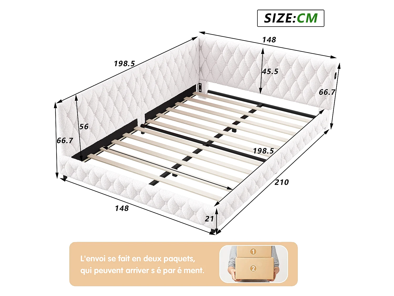 Sofá-cama capitonada 140x200cm com faixa LED e função de carregamento - cama com cabeça de cama e cabeçalho de latas - branco