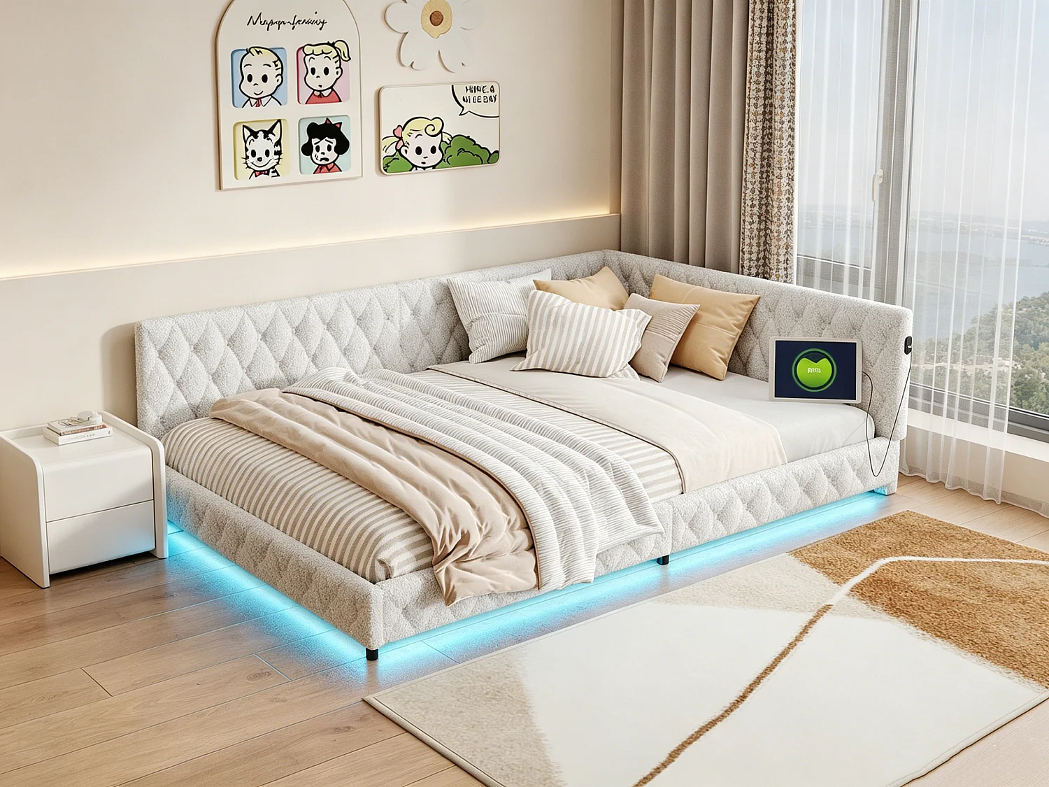 Sofá-cama capitonada 140x200cm com faixa LED e função de carregamento - cama com cabeça de cama e cabeçalho de latas - branco