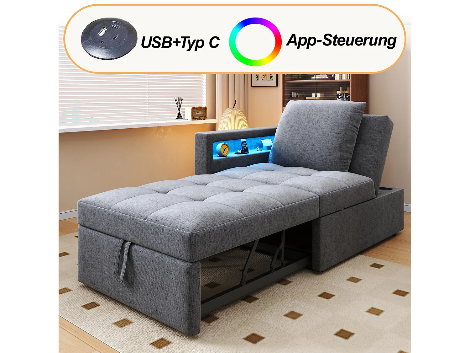 Canapé-lit multifonctionnel 3 en 1 avec dossier réglable, accoudoirs avec bandes lumineuses LED et ports USB/Type-C, canapé inclinable,Gris clair