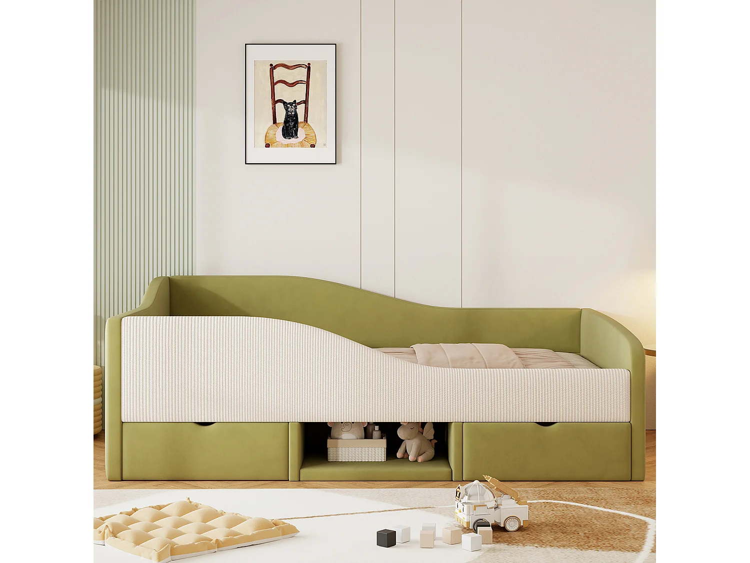 Canapé-lit rembourré - 90×190 cm - avec 2 tiroirs et barrières - velours -  vert foncé + crème