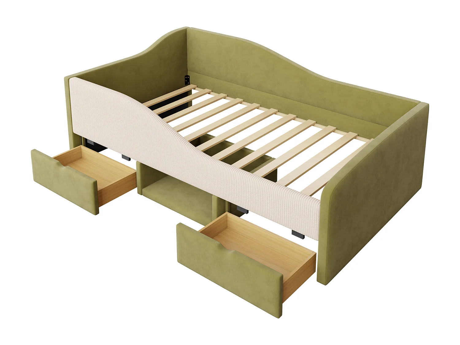 Canapé-lit rembourré - 90×190 cm - avec 2 tiroirs et barrières - velours -  vert foncé + crème