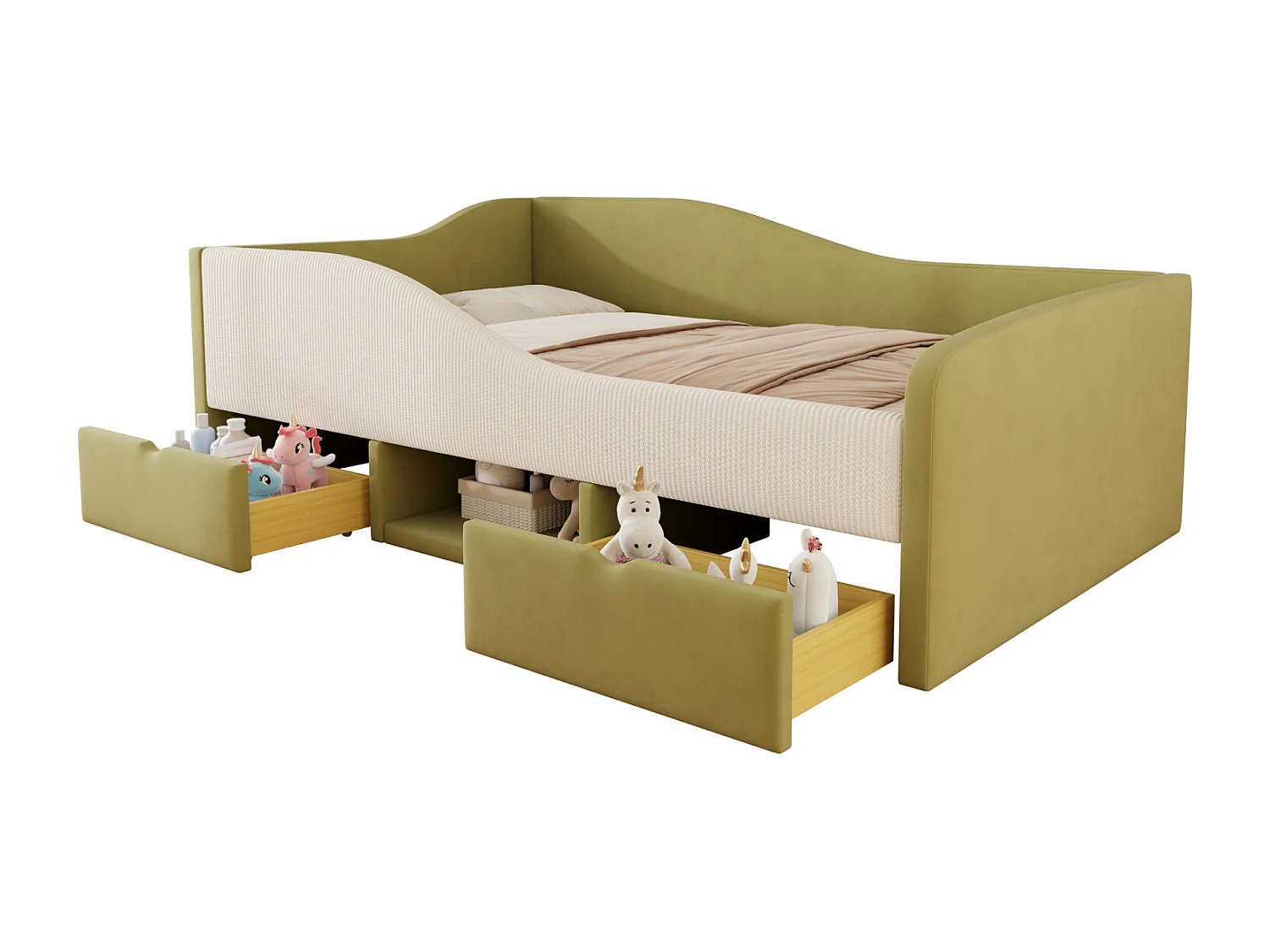 Canapé-lit rembourré - 90×190 cm - avec 2 tiroirs et barrières - velours -  vert foncé + crème