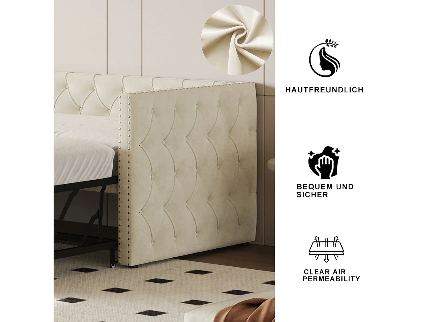 Lit gigogne 90 x 200 cm - avec sommier à lattes - velours - beige