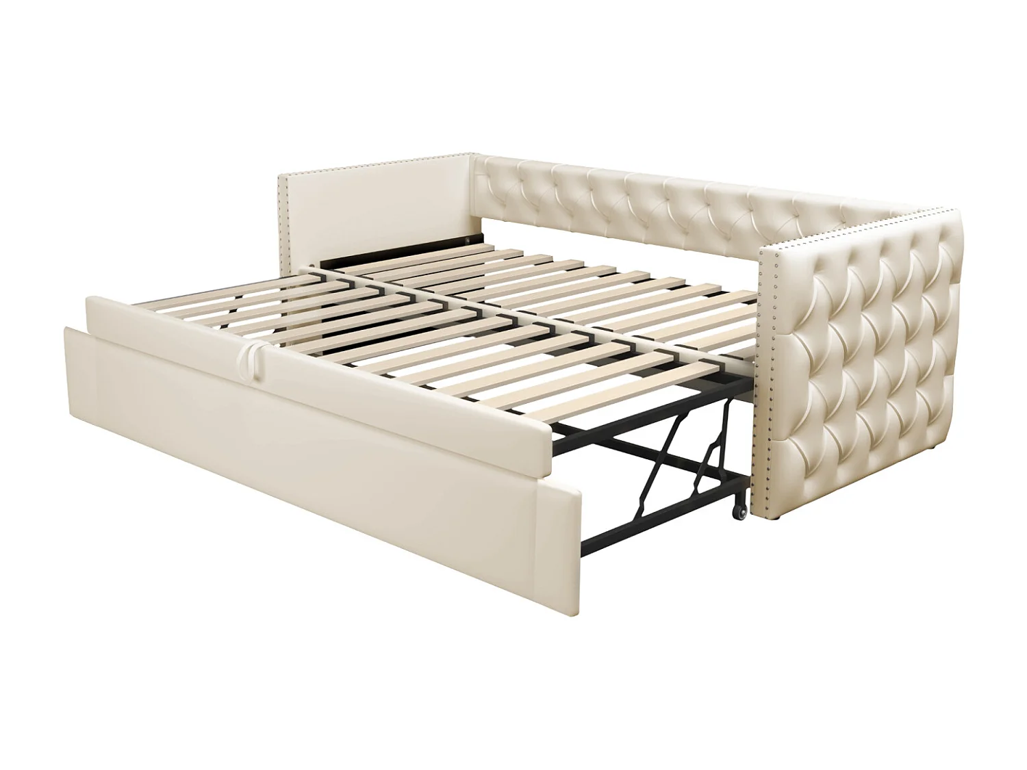 Lit gigogne 90 x 200 cm - avec sommier à lattes - velours - beige