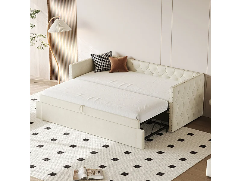 Lit gigogne 90 x 200 cm - avec sommier à lattes - velours - beige