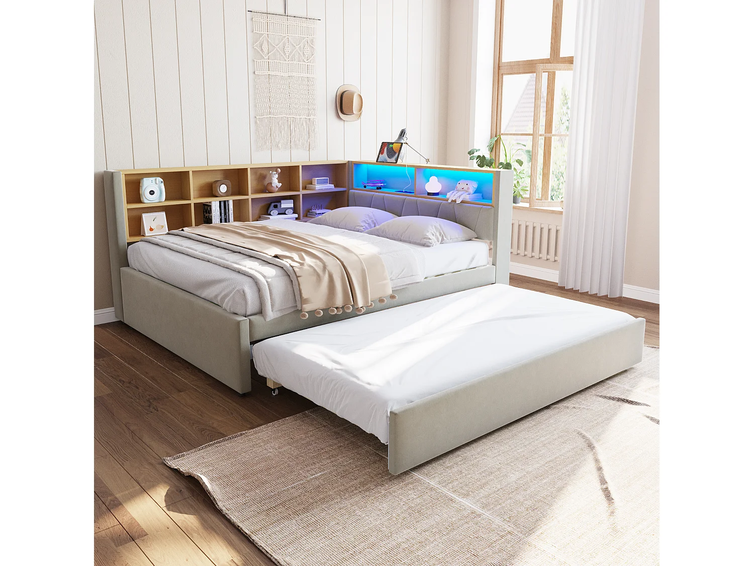 lit gigogne 140*200CM - avec ports USB, LED et de nombreux compartiments de rangement - Canapé-lit 140*200CM - flanelle - Gris clair