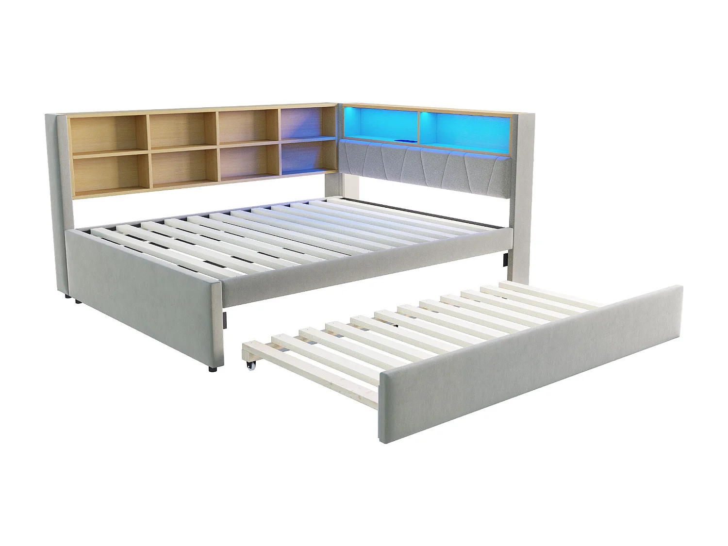 lit gigogne 140*200CM - avec ports USB, LED et de nombreux compartiments de rangement - Canapé-lit 140*200CM - flanelle - Gris clair