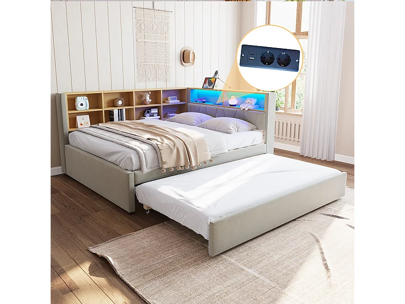 lit gigogne 140*200CM - avec ports USB, LED et de nombreux compartiments de rangement - Canapé-lit 140*200CM - flanelle - Gris clair