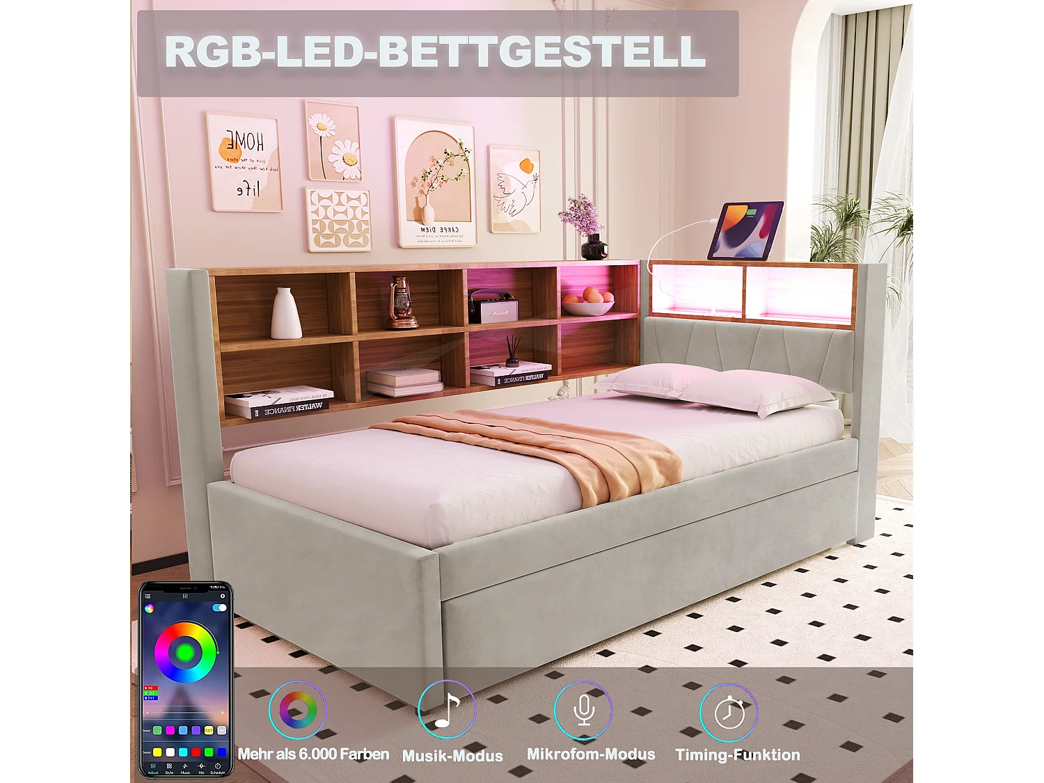 Canapé-lit 90*200CM - avec ports USB,LED et de nombreux compartiments de rangement - lit gigogne 90*190CM - flanelle - gris foncé