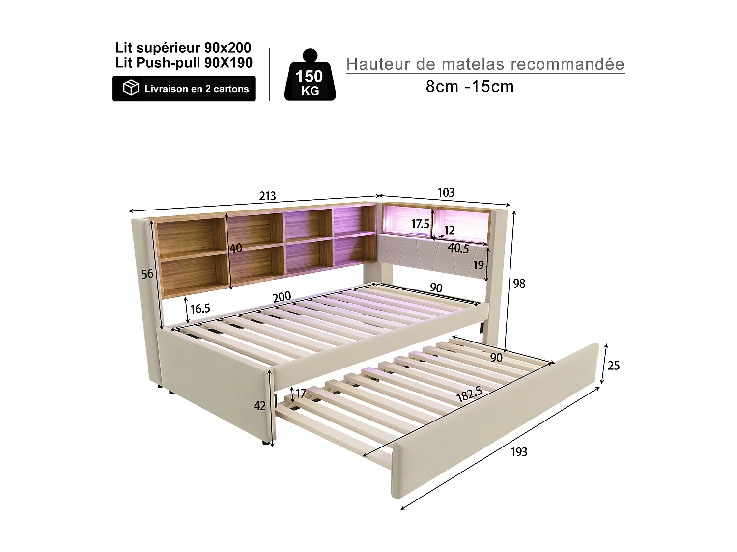 Canapé-lit 90*200CM - avec ports USB,LED et de nombreux compartiments de rangement - lit gigogne 90*190CM - flanelle - gris foncé