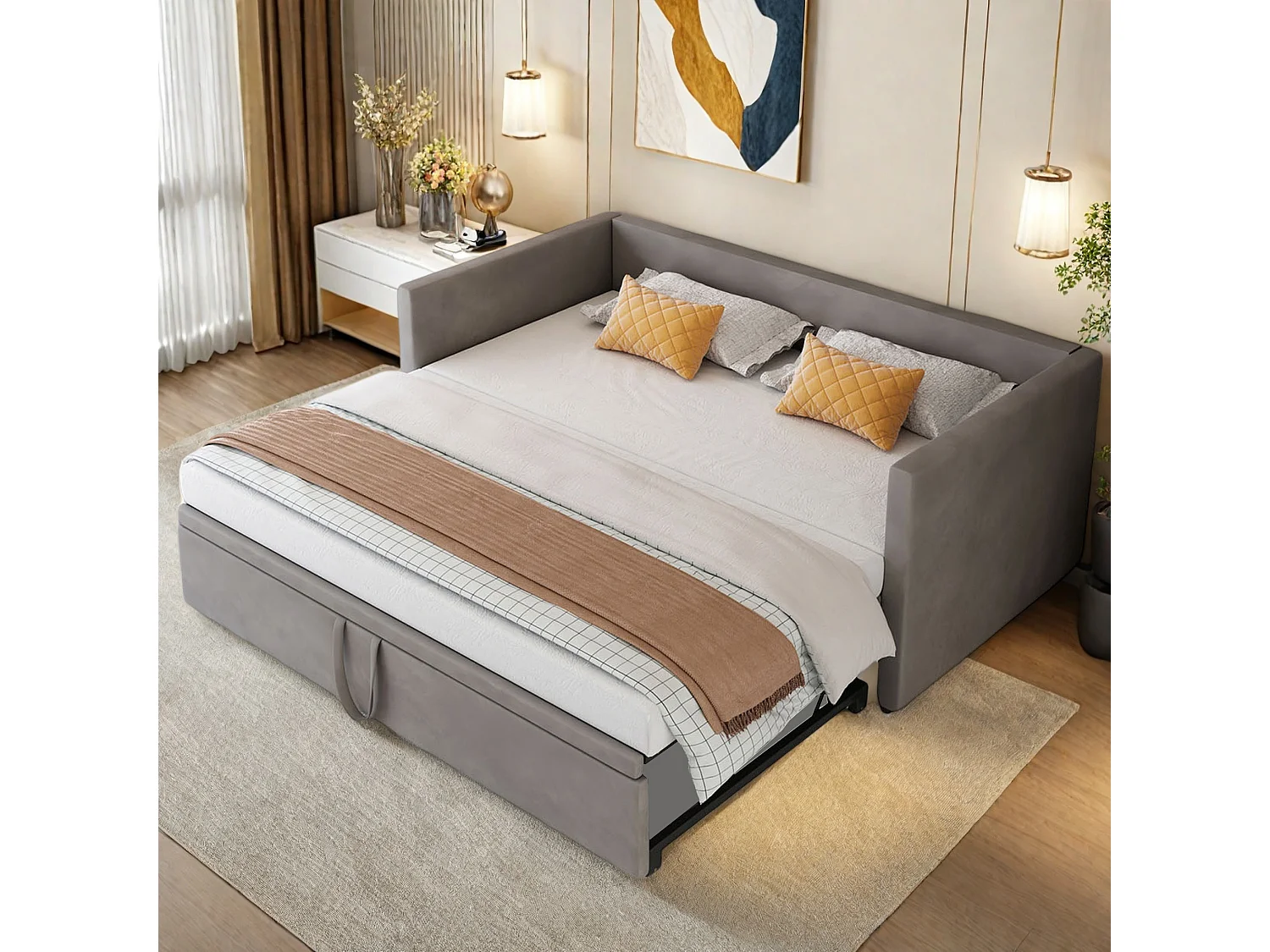 Canapé-lit 90/180x200 cm - canapé 2 places avec fonction couchage - lit gigogne - velours -gris