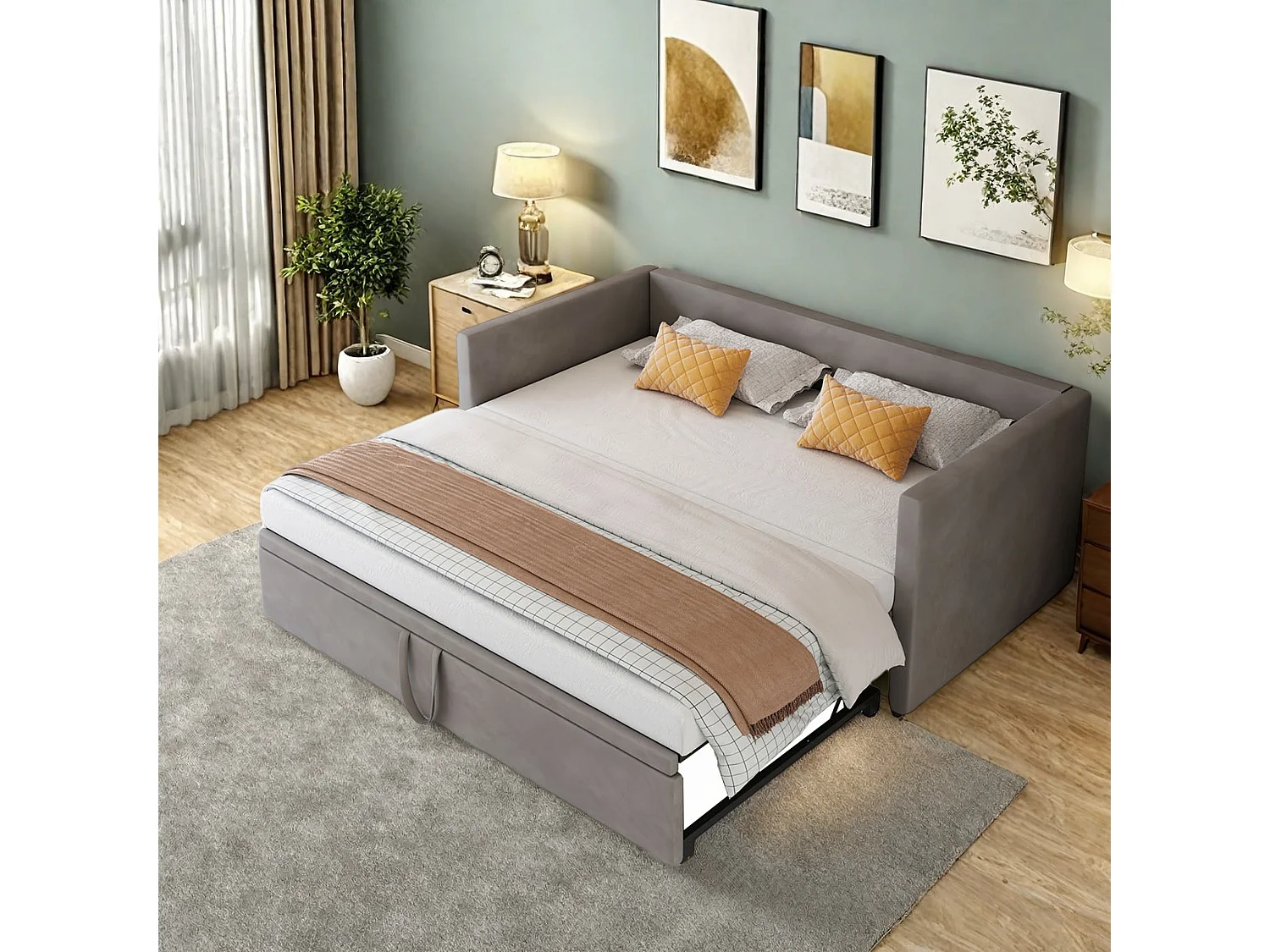 Lit gigogne 90/180x200 cm - canapé 2 places avec fonction couchage - Canapé-lit - velours -gris