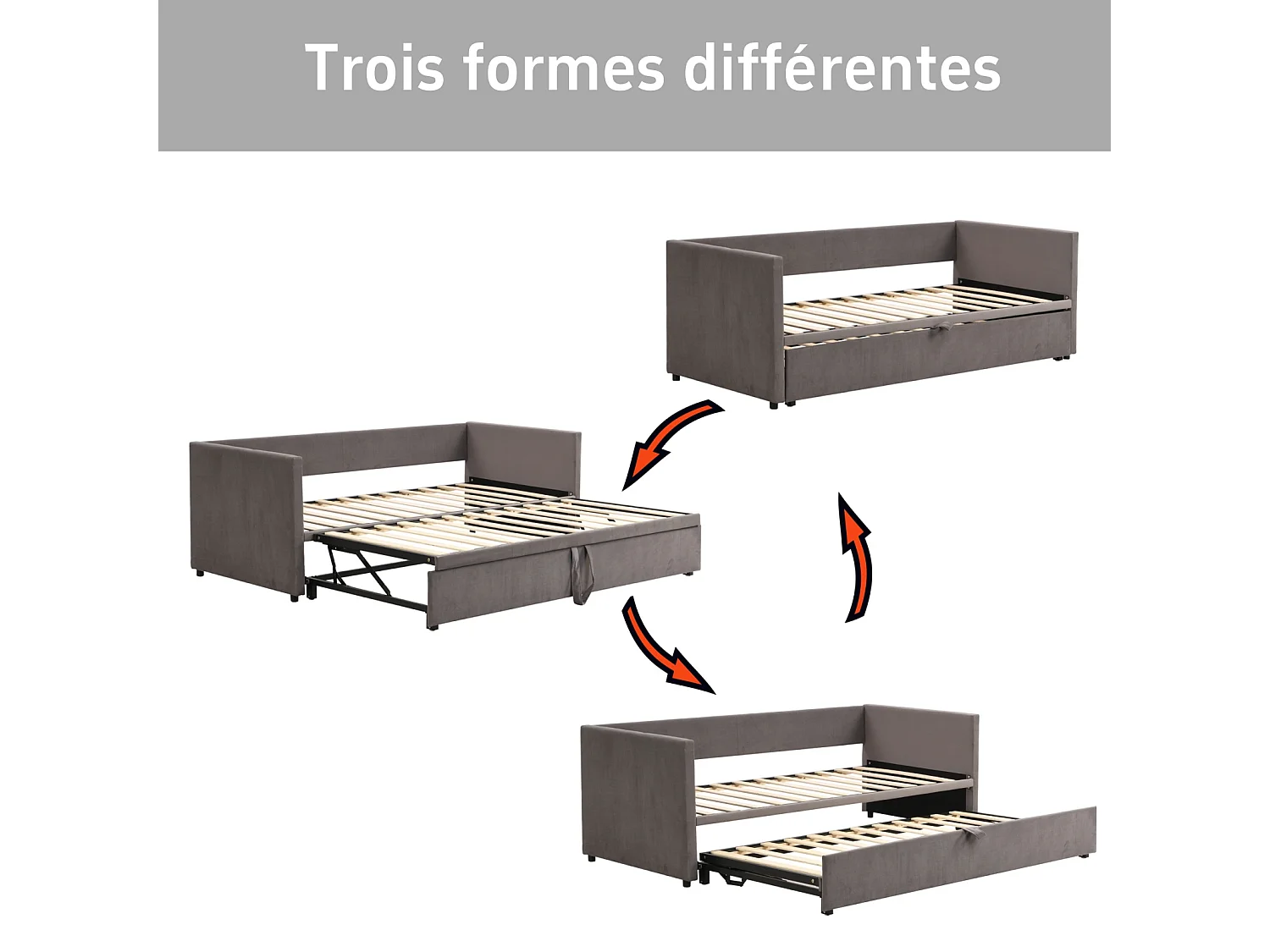 Lit gigogne 90/180x200 cm - canapé 2 places avec fonction couchage - Canapé-lit - velours -gris