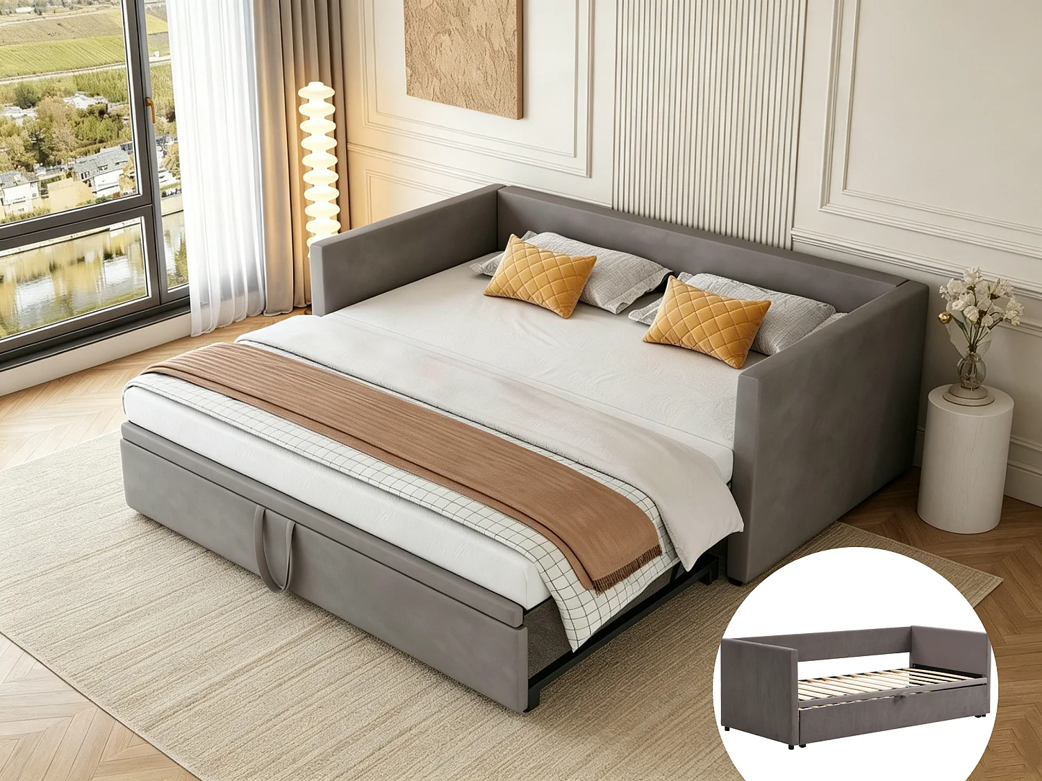 Lit gigogne 90/180x200 cm - canapé 2 places avec fonction couchage - Canapé-lit - velours -gris