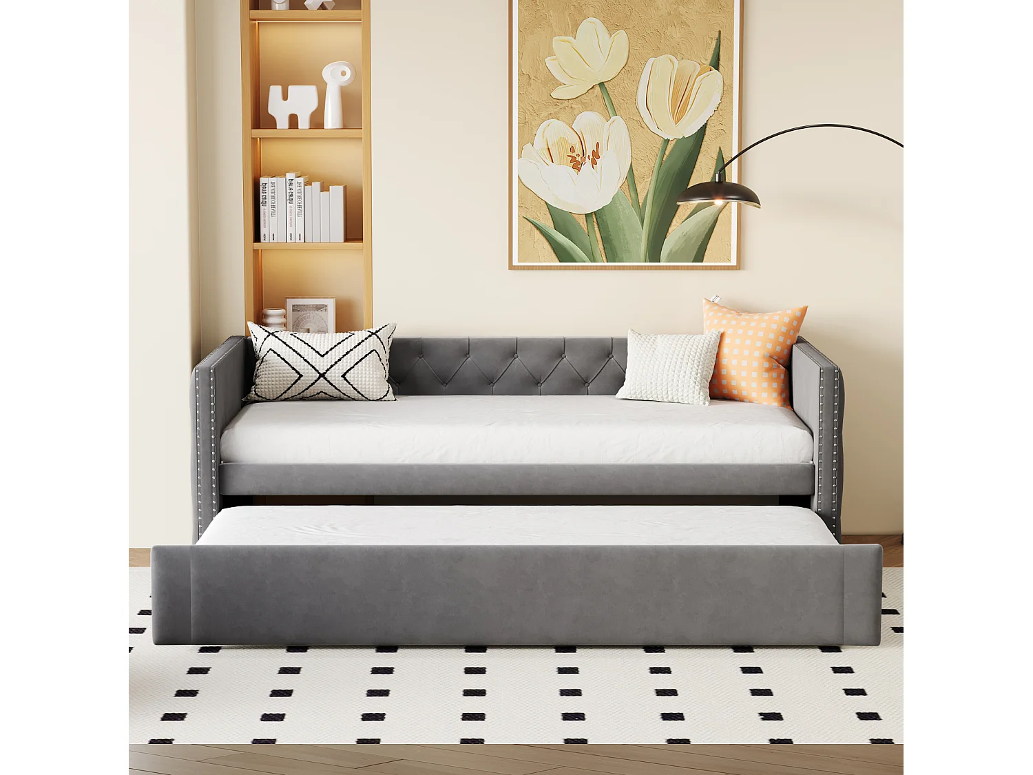 Lit gigogne 90 x 200 cm - avec sommier à lattes - velours - gris