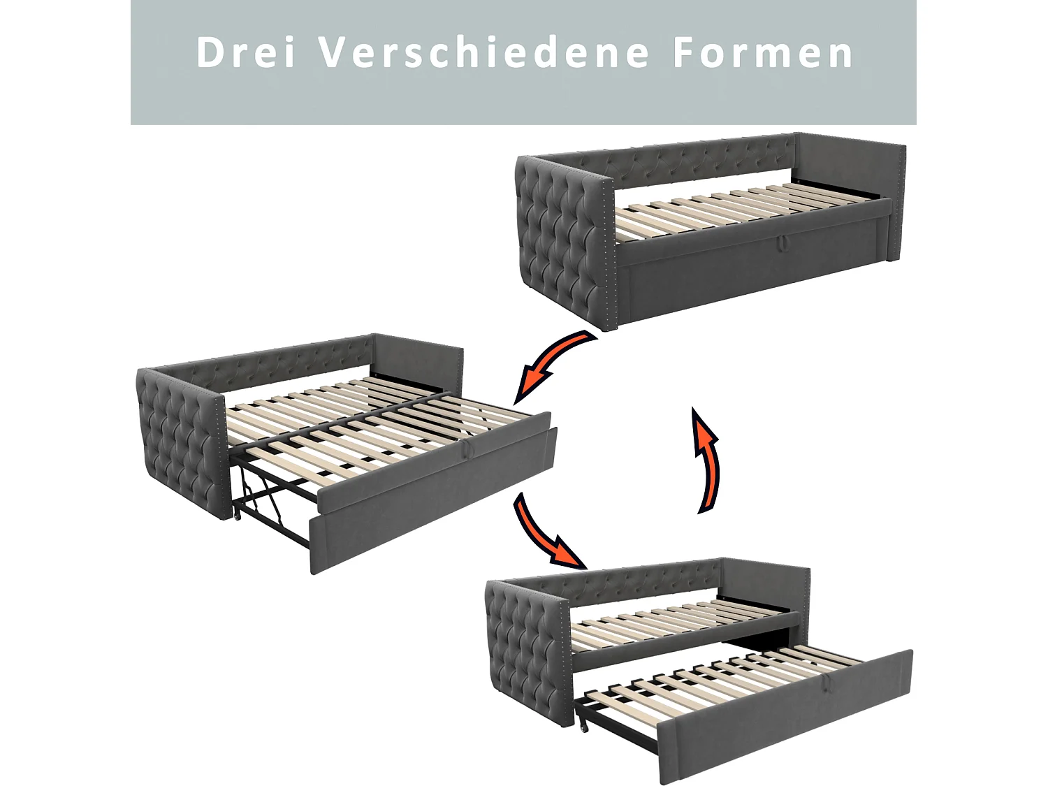 Lit gigogne 90 x 200 cm - avec sommier à lattes - velours - gris