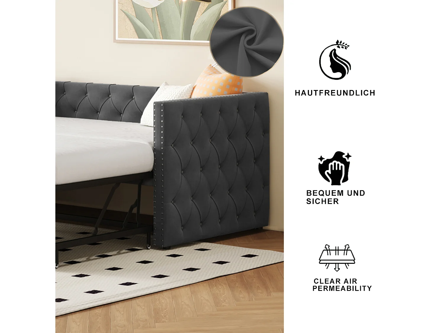 Lit gigogne 90 x 200 cm - avec sommier à lattes - velours - gris