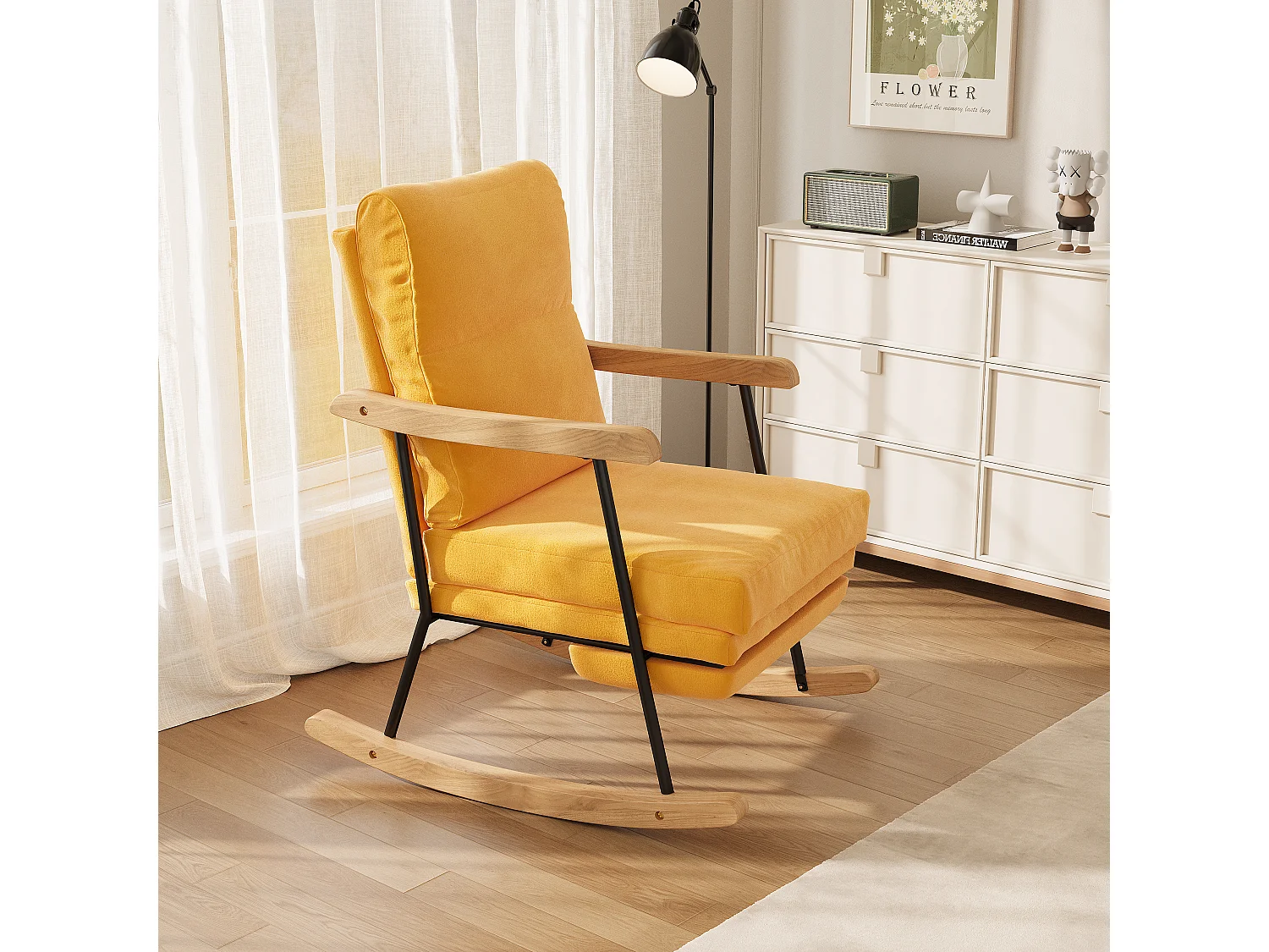 Fauteuil à bascule - ergonomique avec repose-pieds extensible -inclinable - en tissu mélange coton-lin - jaune