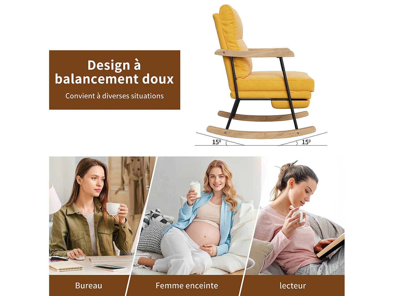 Fauteuil à bascule - ergonomique avec repose-pieds extensible -inclinable - en tissu mélange coton-lin - jaune