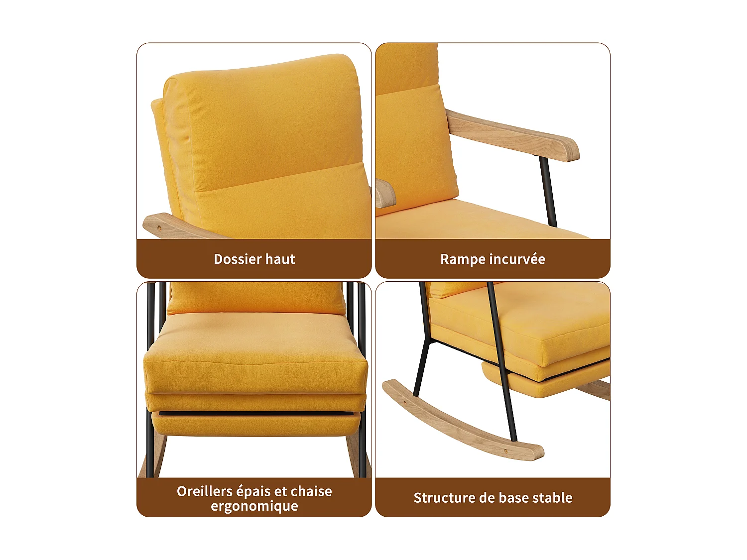 Fauteuil à bascule - ergonomique avec repose-pieds extensible -inclinable - en tissu mélange coton-lin - jaune