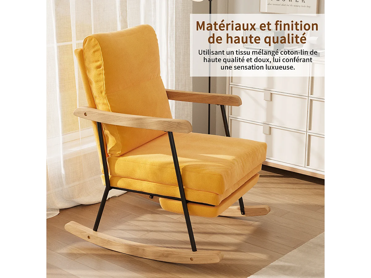 Fauteuil à bascule - ergonomique avec repose-pieds extensible -inclinable - en tissu mélange coton-lin - jaune