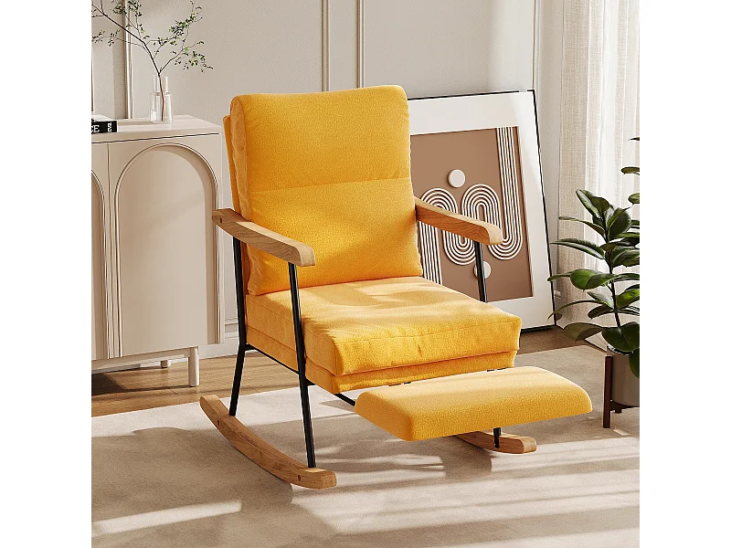 Fauteuil à bascule - ergonomique avec repose-pieds extensible -inclinable - en tissu mélange coton-lin - jaune