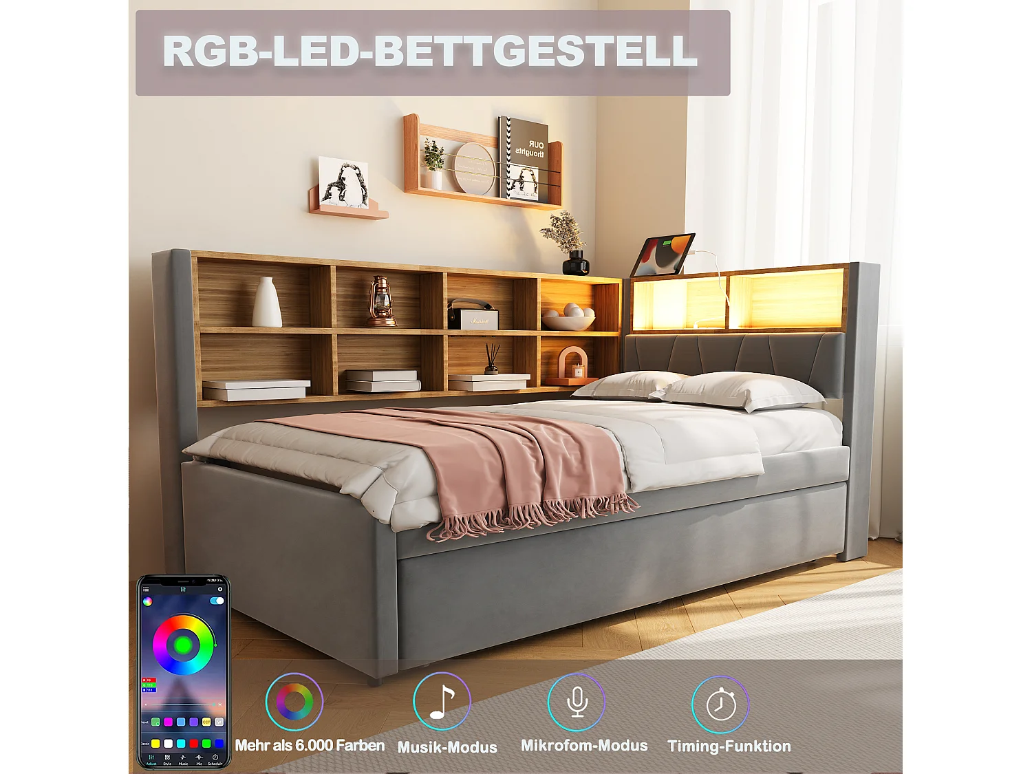 Canapé-lit 90*200CM - avec ports USB,LED et de nombreux compartiments de rangement - lit gigogne 90*190CM - flanelle - gris foncé