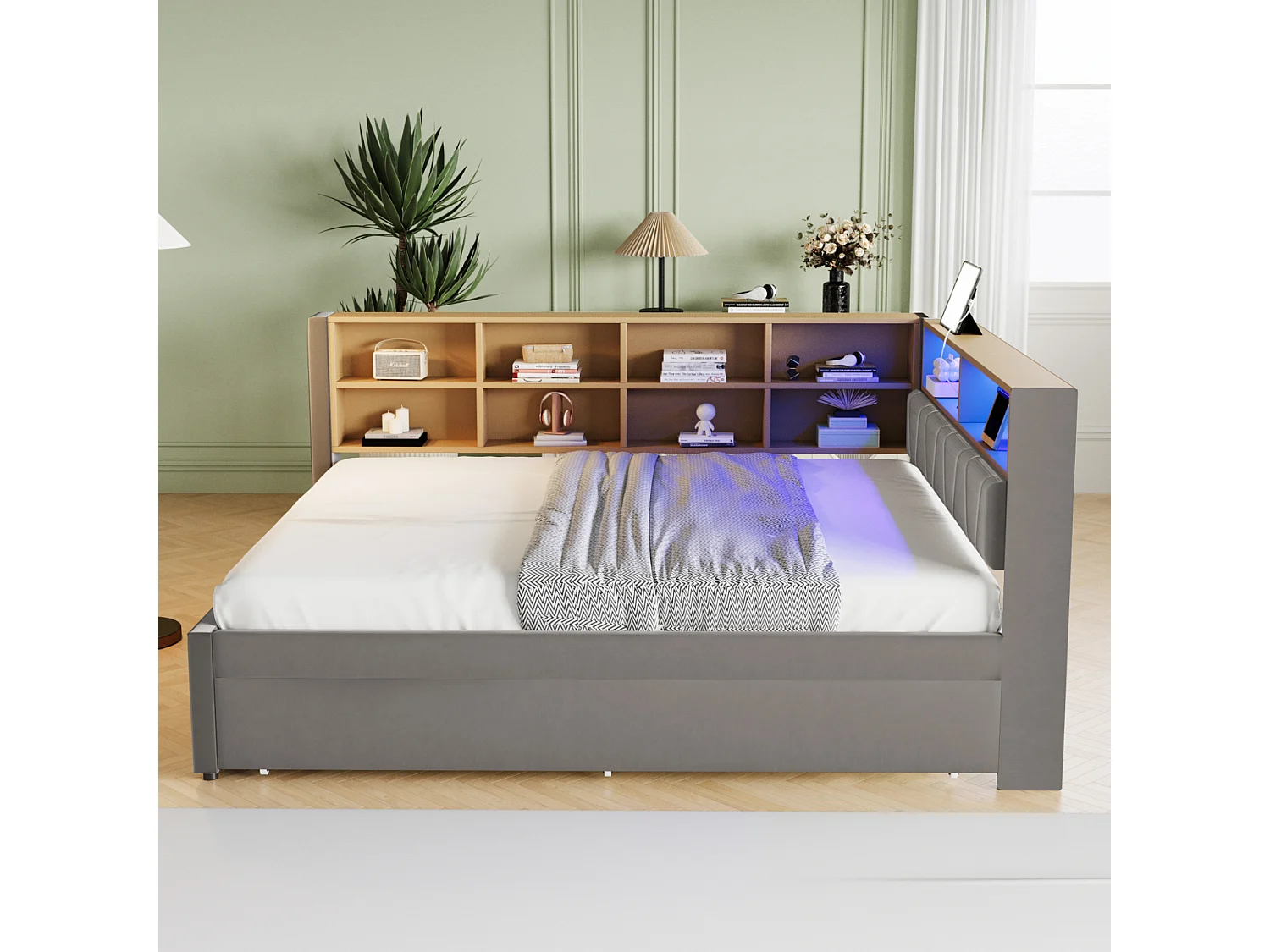 lit gigogne 140*200CM - avec ports USB, LED et de nombreux compartiments de rangement - Canapé-lit 140*200CM - flanelle - Gris Foncé