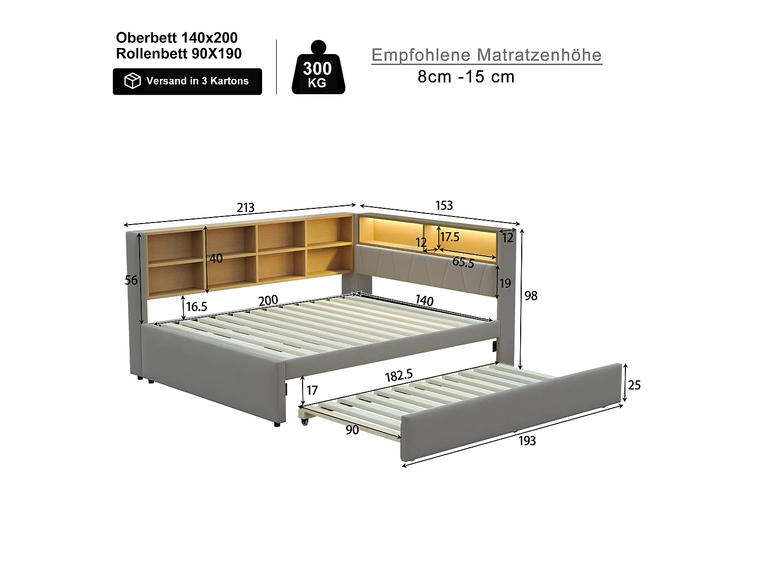 lit gigogne 140*200CM - avec ports USB, LED et de nombreux compartiments de rangement - Canapé-lit 140*200CM - flanelle - Gris Foncé
