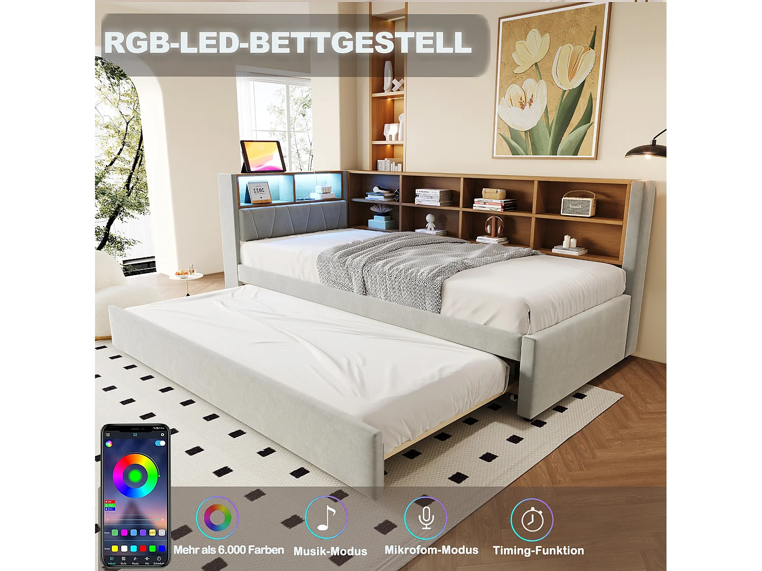 Canapé-lit 90*200CM - avec ports USB,LED et de nombreux compartiments de rangement - lit gigogne 90*190CM - flanelle - Gris clair