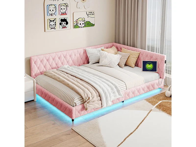 Canapé-lit capitonné 140x200cm avec bande LED et fonction de chargement - lit avec tête de lit et sommier à lattes - rose