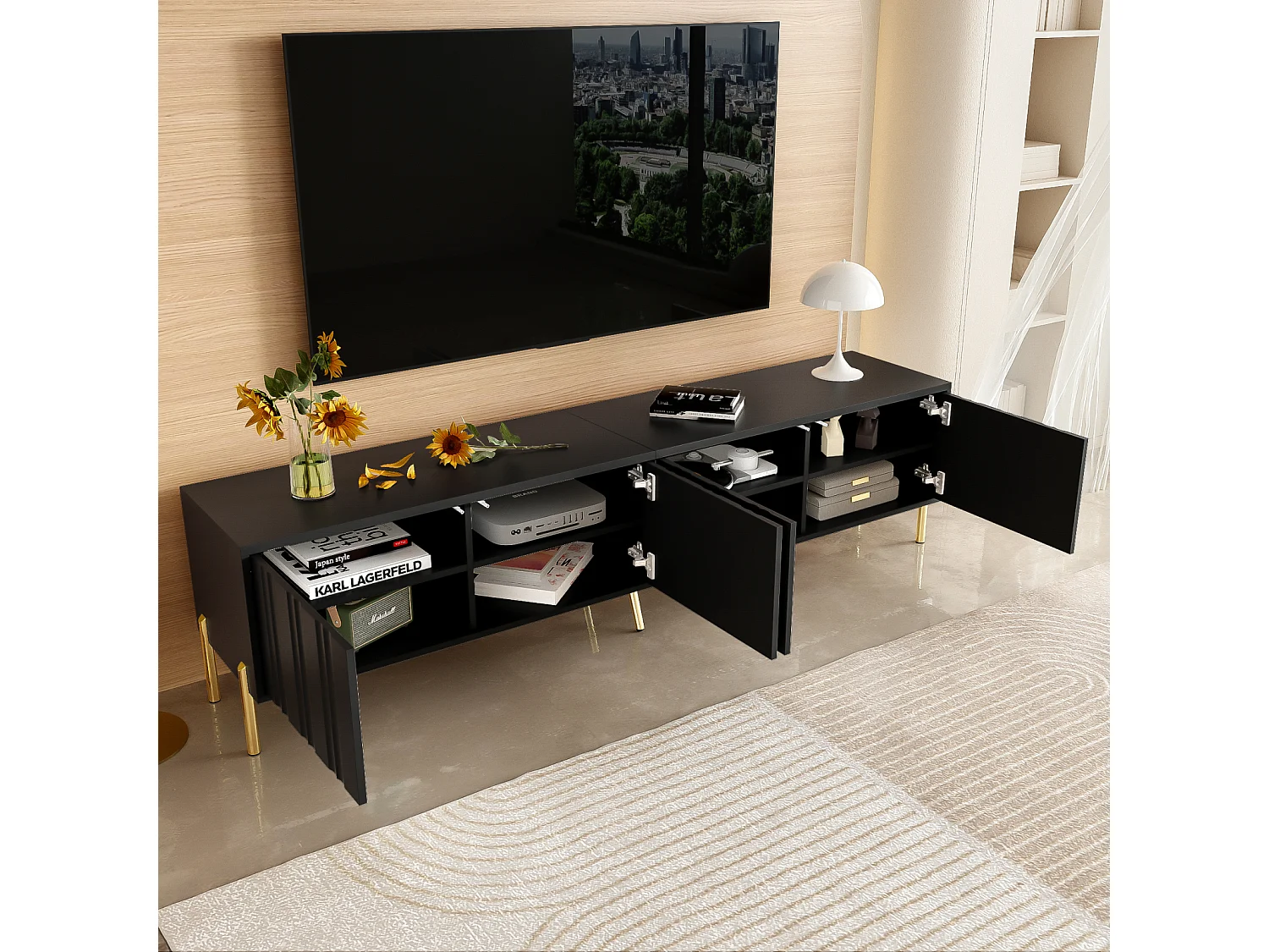 Meuble TV - 190 cm (L) x 38 cm (l) x 48 cm (H) - pieds de table dorés - noir