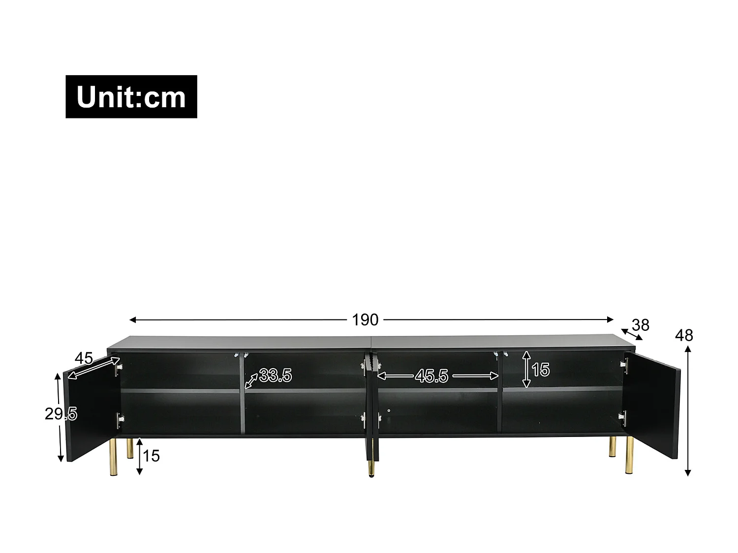 Meuble TV - 190 cm (L) x 38 cm (l) x 48 cm (H) - pieds de table dorés - noir