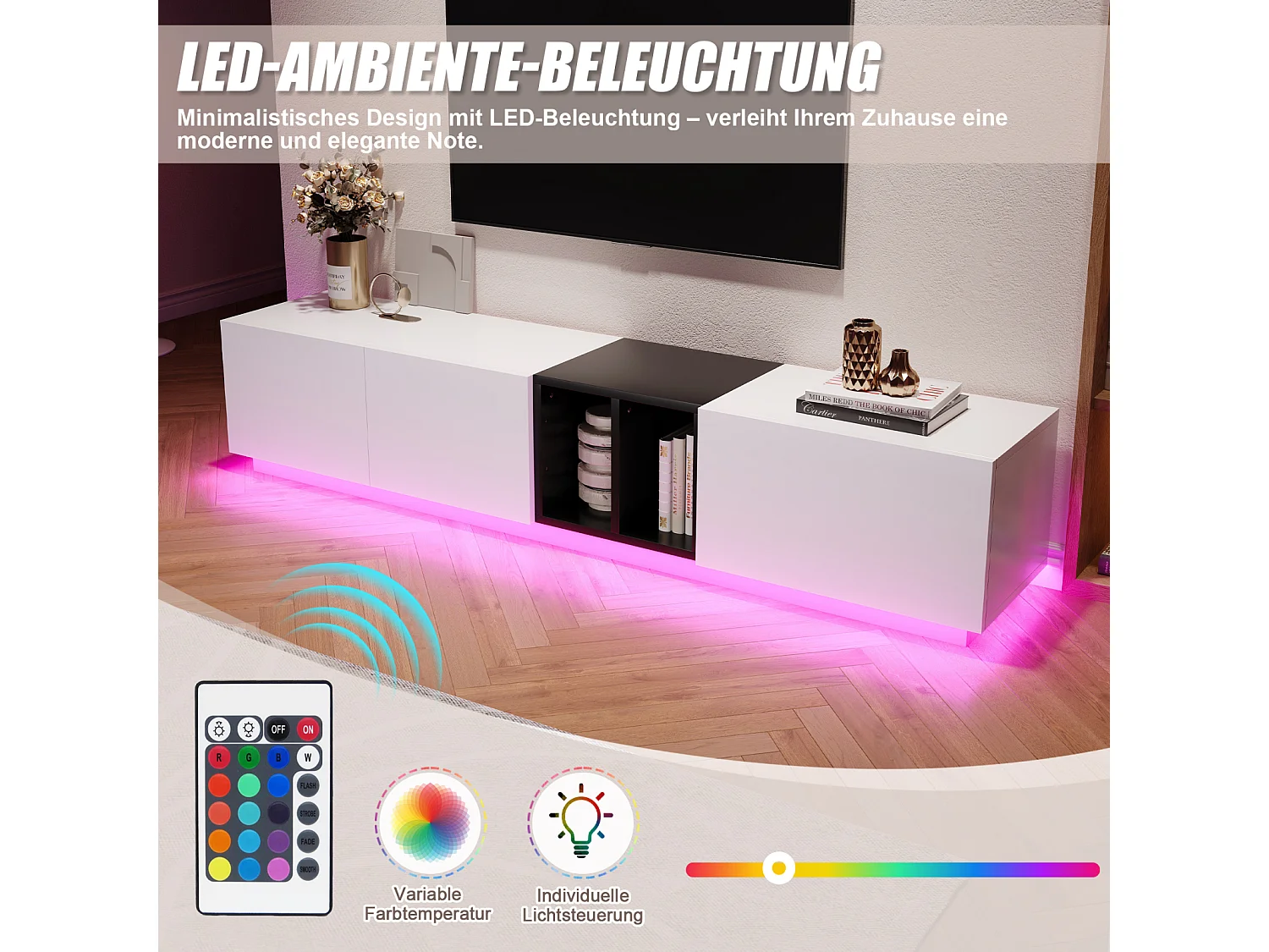 Meuble TV avec tiroirs et étagères ouvertes - éclairage LED - 190 x 35 x 40 cm