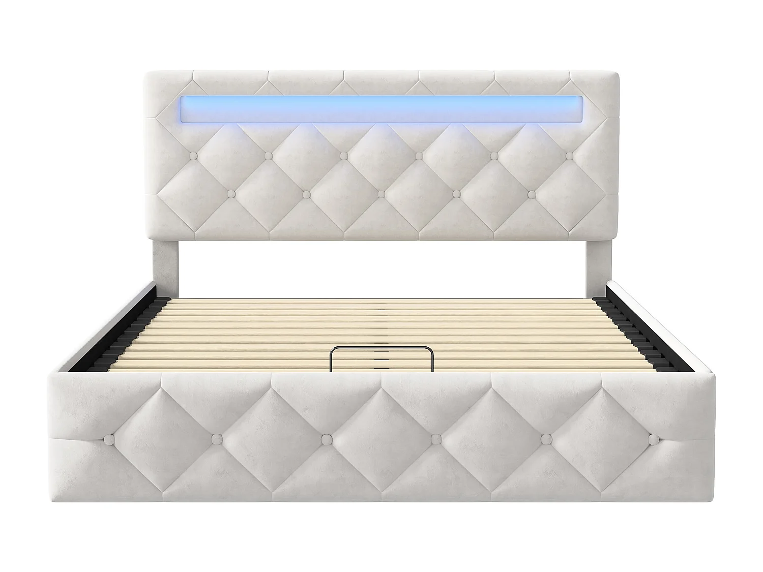 Lit double 160x200cm - avec rangement hydraulique et sommier à lattes - tête de lit avec bandeau LED - velours - beige