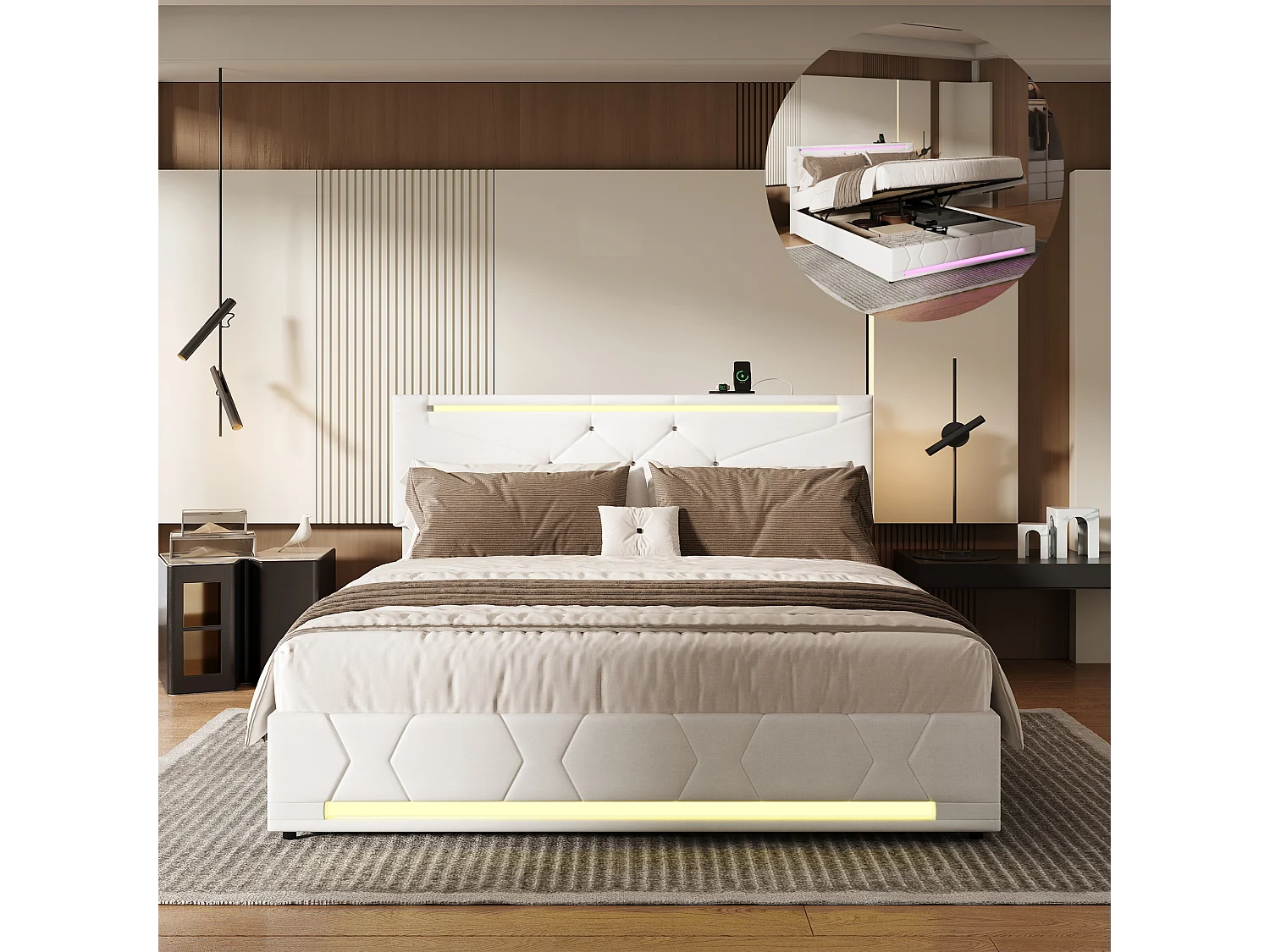 Cama doble 140 x 200 cm - con iluminación LED y puerto USB - almacenaje hidráulico - cabecero regulable en altura - lino - beige