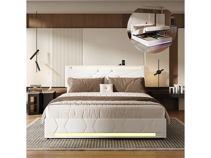 Lit double 140 x 200 cm - avec éclairage LED et port USB - rangement hydraulique - La hauteur de la tête de lit est réglable - lin -beige