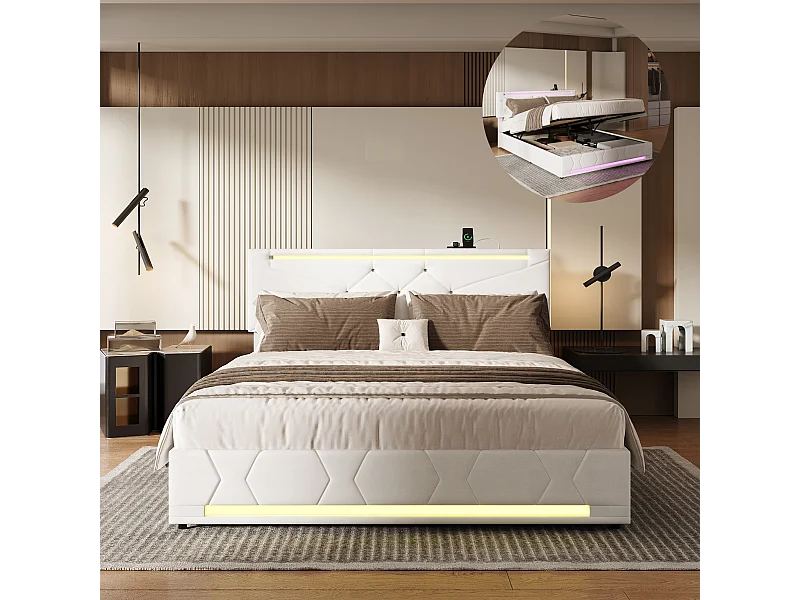 Cama doble 140 x 200 cm - con iluminación LED y puerto USB - almacenaje hidráulico - cabecero regulable en altura - lino - beige