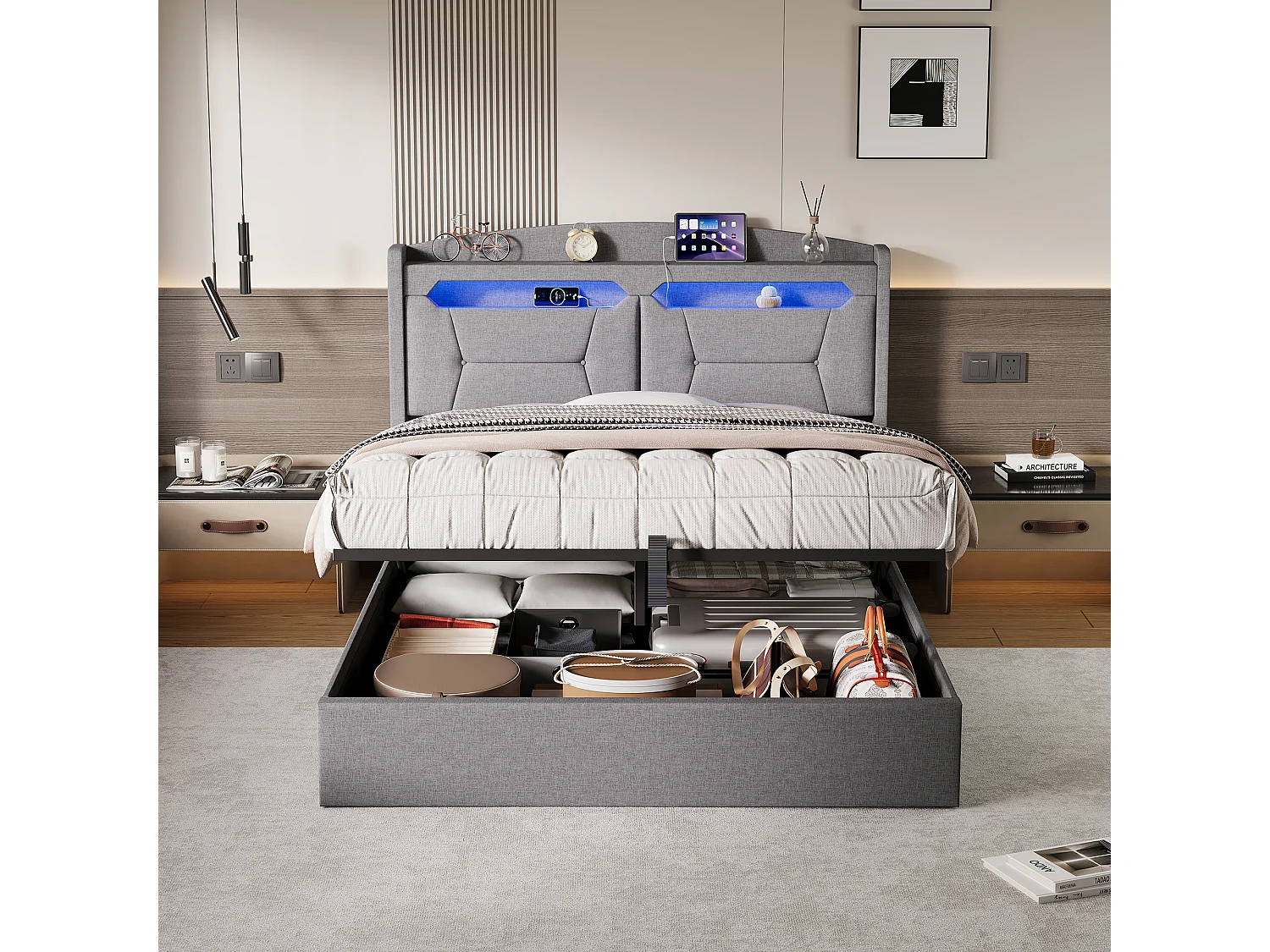 Lit Coffre 140x190 avec éclairage LED - lit avec rangement et prise USB intégrée à la tête de lit - sommier coffre hydraulique