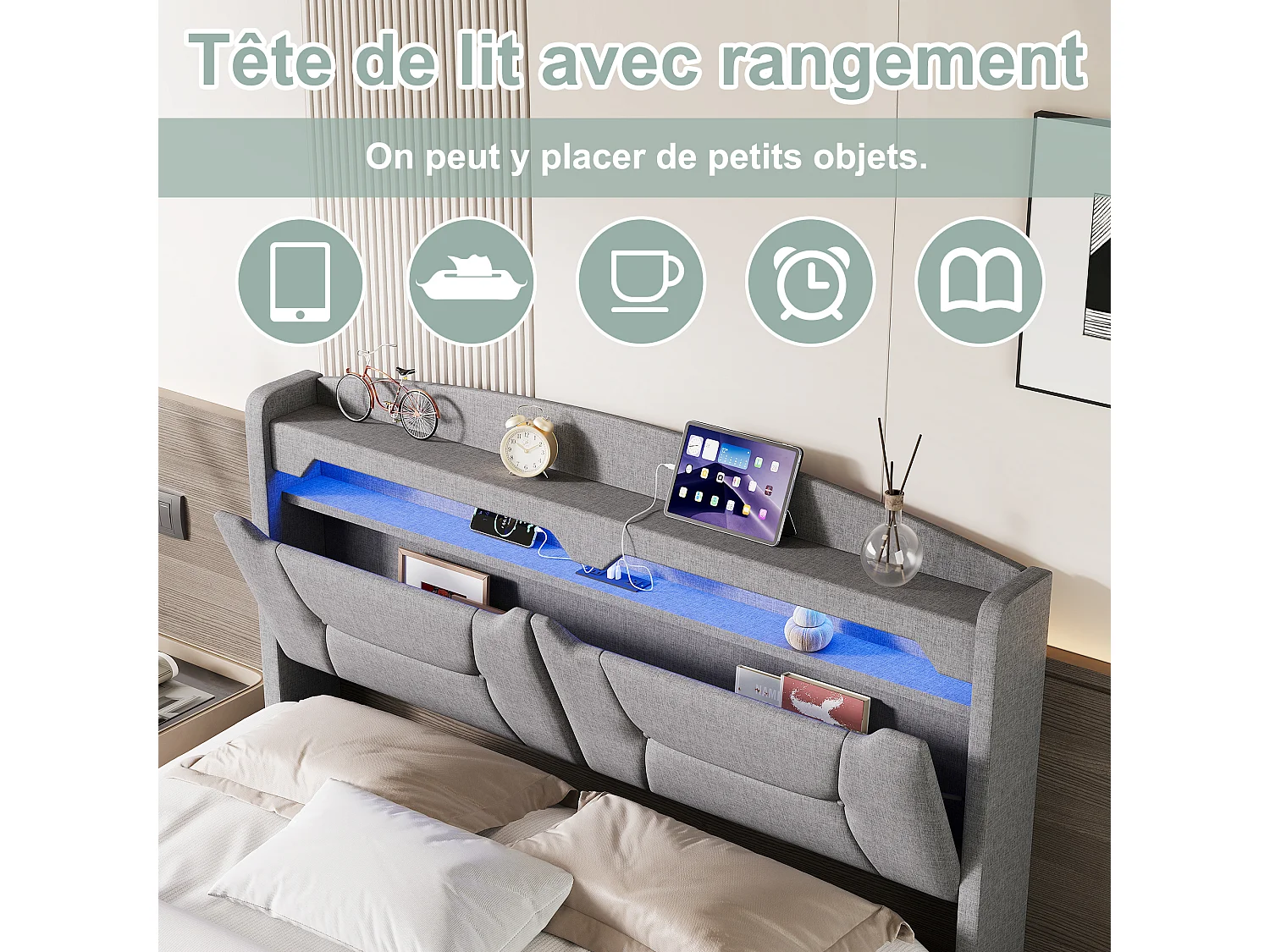Lit Coffre 140x190 avec éclairage LED - lit avec rangement et prise USB intégrée à la tête de lit - sommier coffre hydraulique