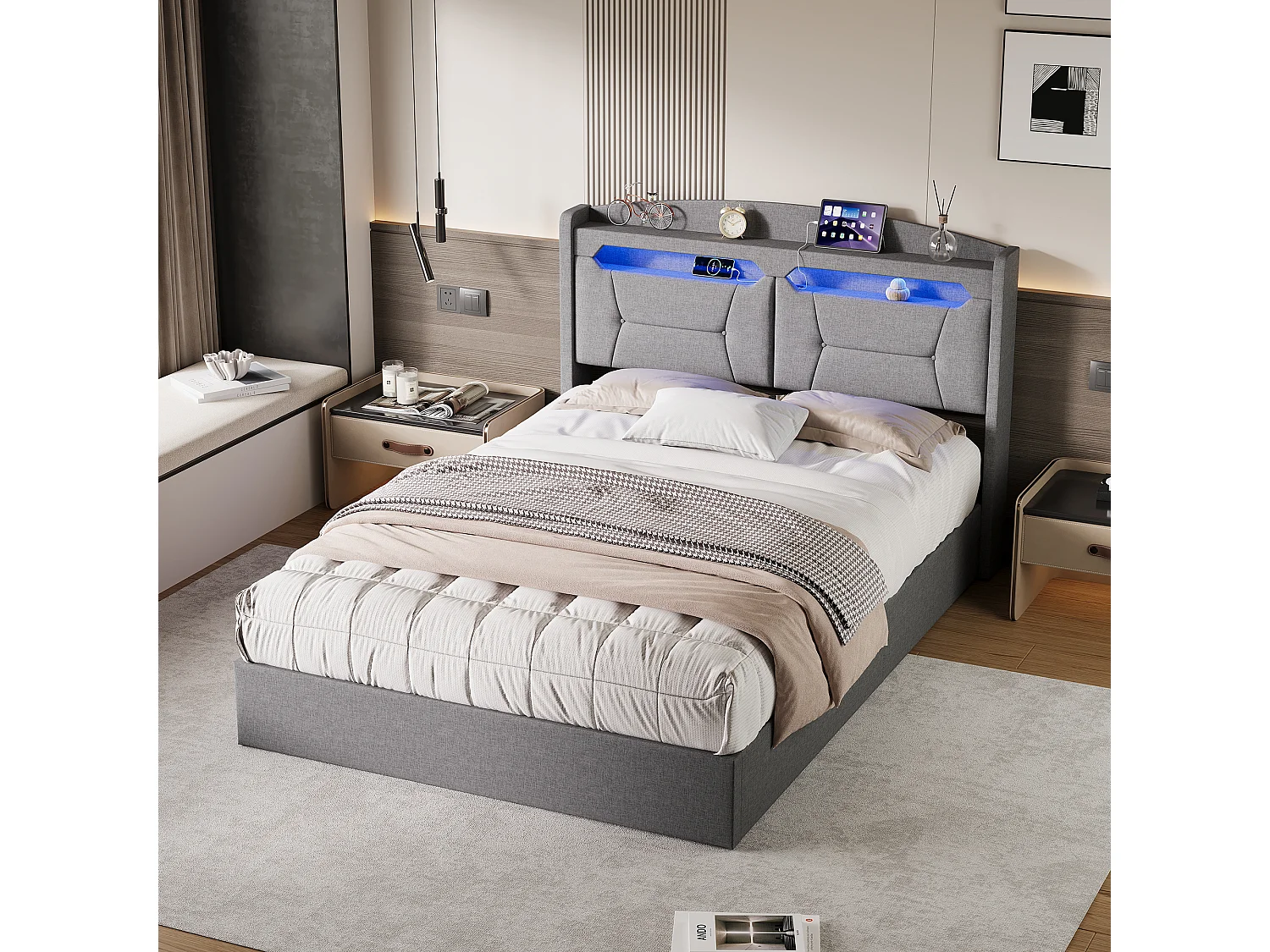 Lit Coffre 140x190 avec éclairage LED - lit avec rangement et prise USB intégrée à la tête de lit - sommier coffre hydraulique