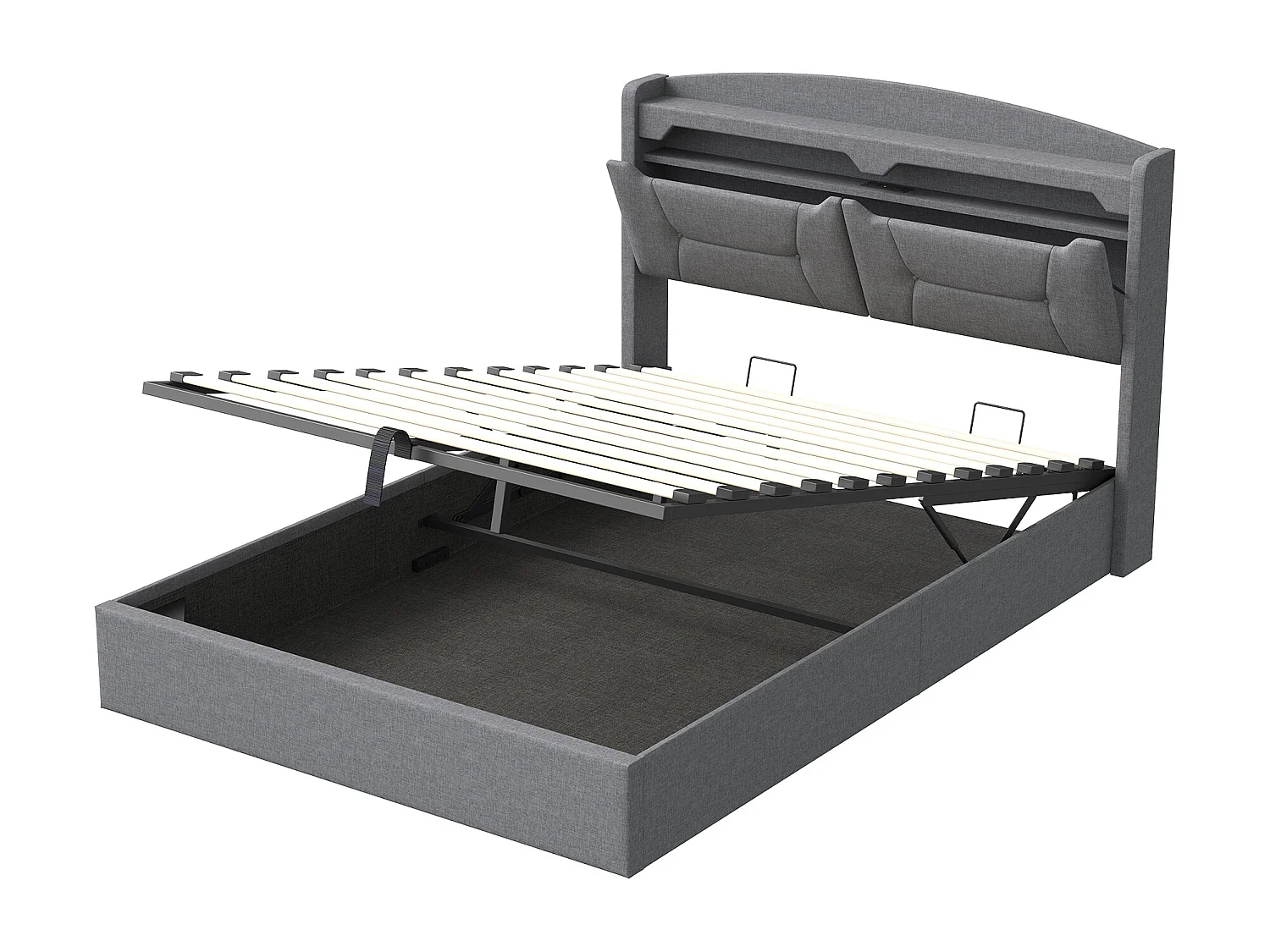 Lit Coffre 140x190 avec éclairage LED - lit avec rangement et prise USB intégrée à la tête de lit - sommier coffre hydraulique