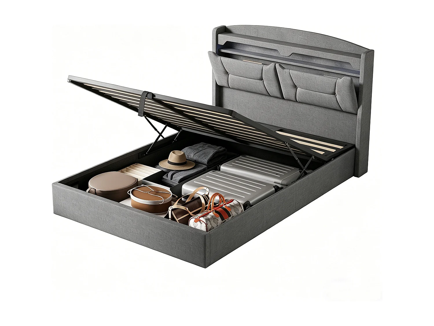 Lit Coffre 140x190 avec éclairage LED - lit avec rangement et prise USB intégrée à la tête de lit - sommier coffre hydraulique