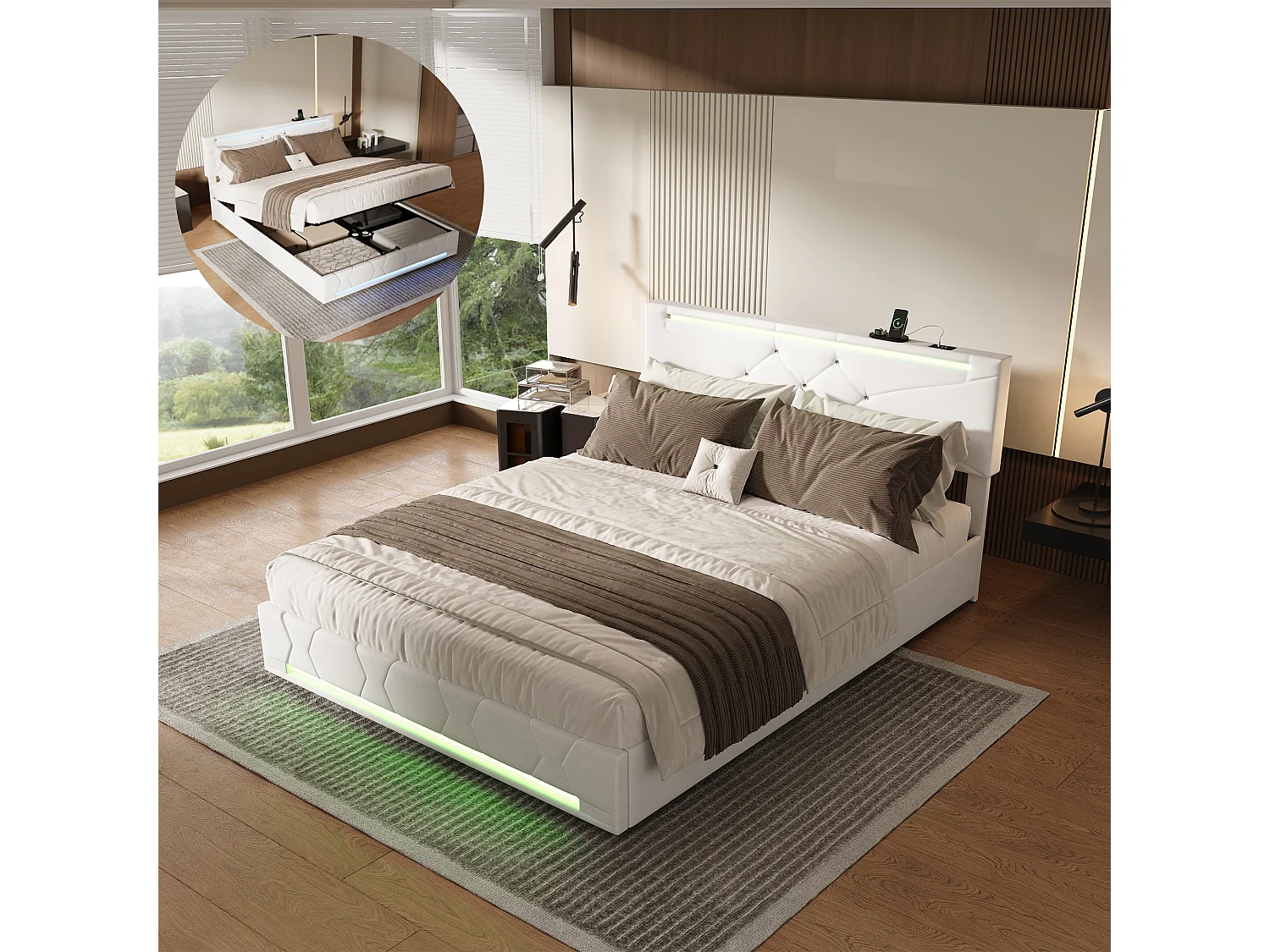 Lit double 140 x 190 cm - lit avec éclairage LED et port USB - rangement hydraulique - La hauteur de la tête de lit est réglable - lin -beige