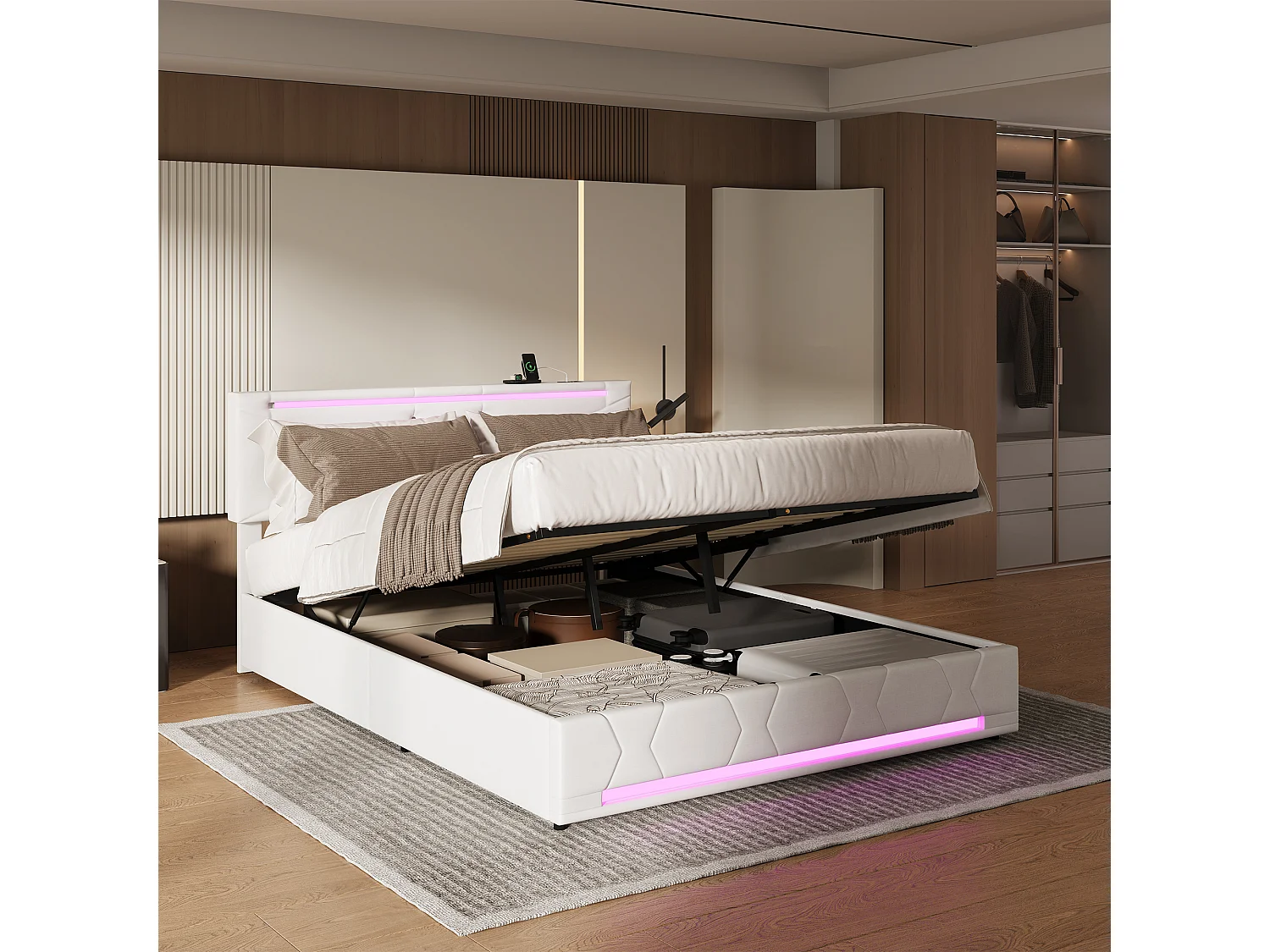 Lit double 140 x 190 cm - lit avec éclairage LED et port USB - rangement hydraulique - La hauteur de la tête de lit est réglable - lin -beige