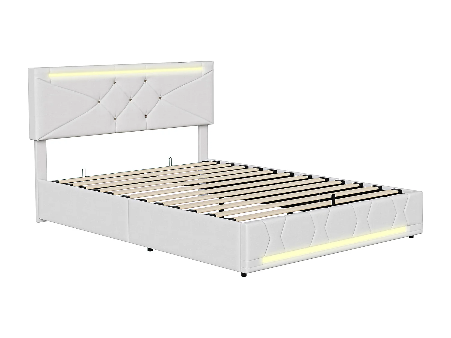 Lit double 140 x 190 cm - lit avec éclairage LED et port USB - rangement hydraulique - La hauteur de la tête de lit est réglable - lin -beige