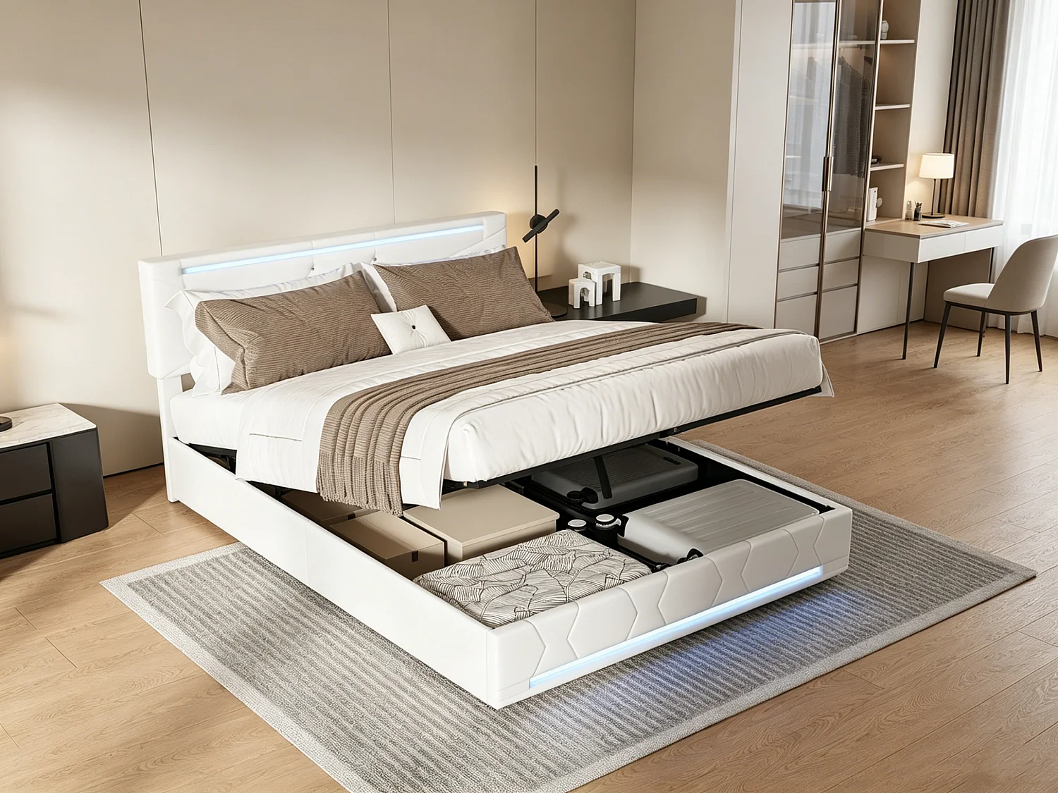 Lit double 140 x 190 cm - lit avec éclairage LED et port USB - rangement hydraulique - La hauteur de la tête de lit est réglable - lin -beige