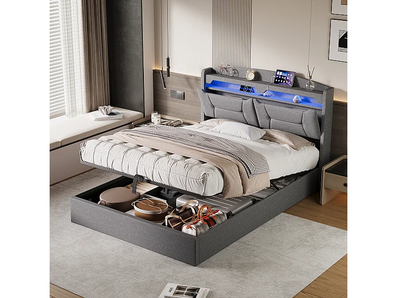 Lit 140x200 avec éclairage LED - lit double avec rangement et prise USB intégrée à la tête de lit - sommier coffre hydraulique