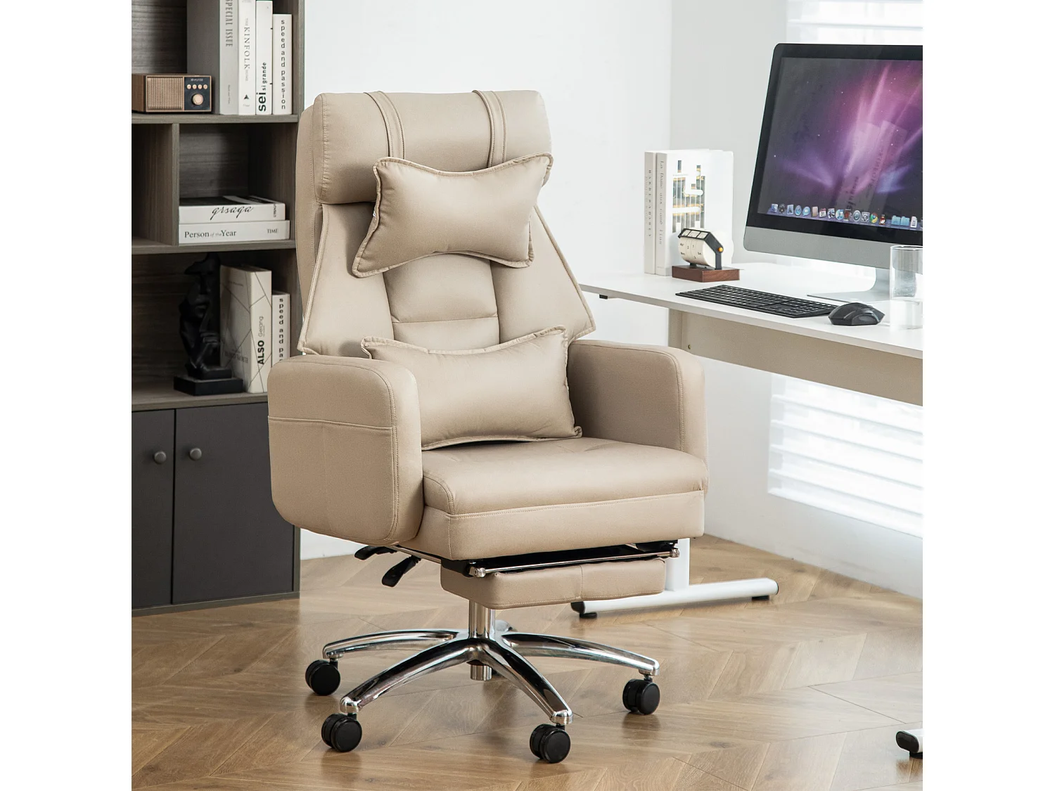 Fauteuil de bureau direction - avec soutien lombaire et appui-tête - inclinaison à 155° - beige